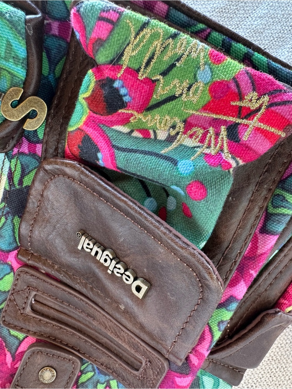 Vintage Desigual Floral Patchwork Shoulder Bag Multi Pocket Boho Satchel Purse - Picture 11 of 15